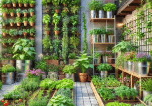 Small backyard garden with raised beds and vertical planters