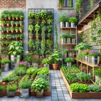Small backyard garden with raised beds and vertical planters
