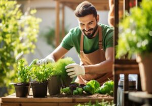 Urban balcony garden with potted vegetables and herbs