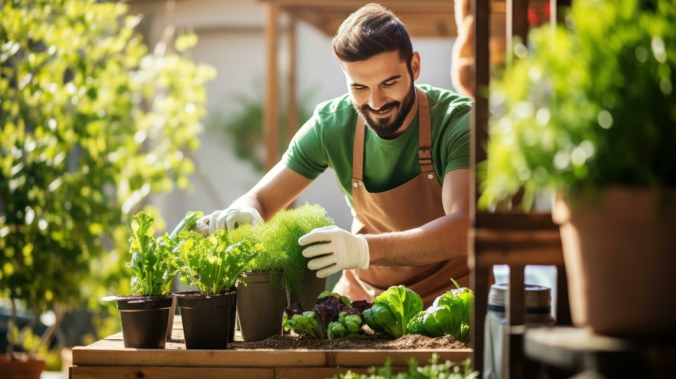 Urban balcony garden with potted vegetables and herbs